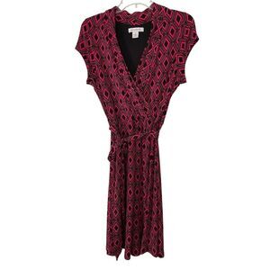 Liz Claiborne Geometric Faux Wrap Tie Belted Dress Pink/Black Size Medium